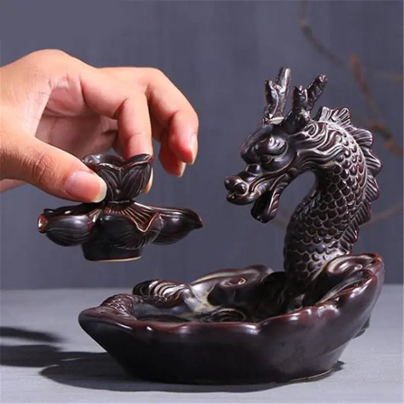 Ceramic Handicraft Dragon Lotus Backflow Smoke Incense Burner