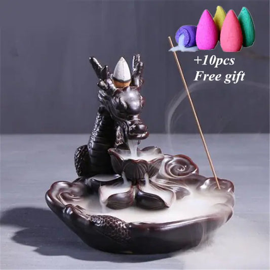 Ceramic Handicraft Dragon Lotus Backflow Smoke Incense Burner